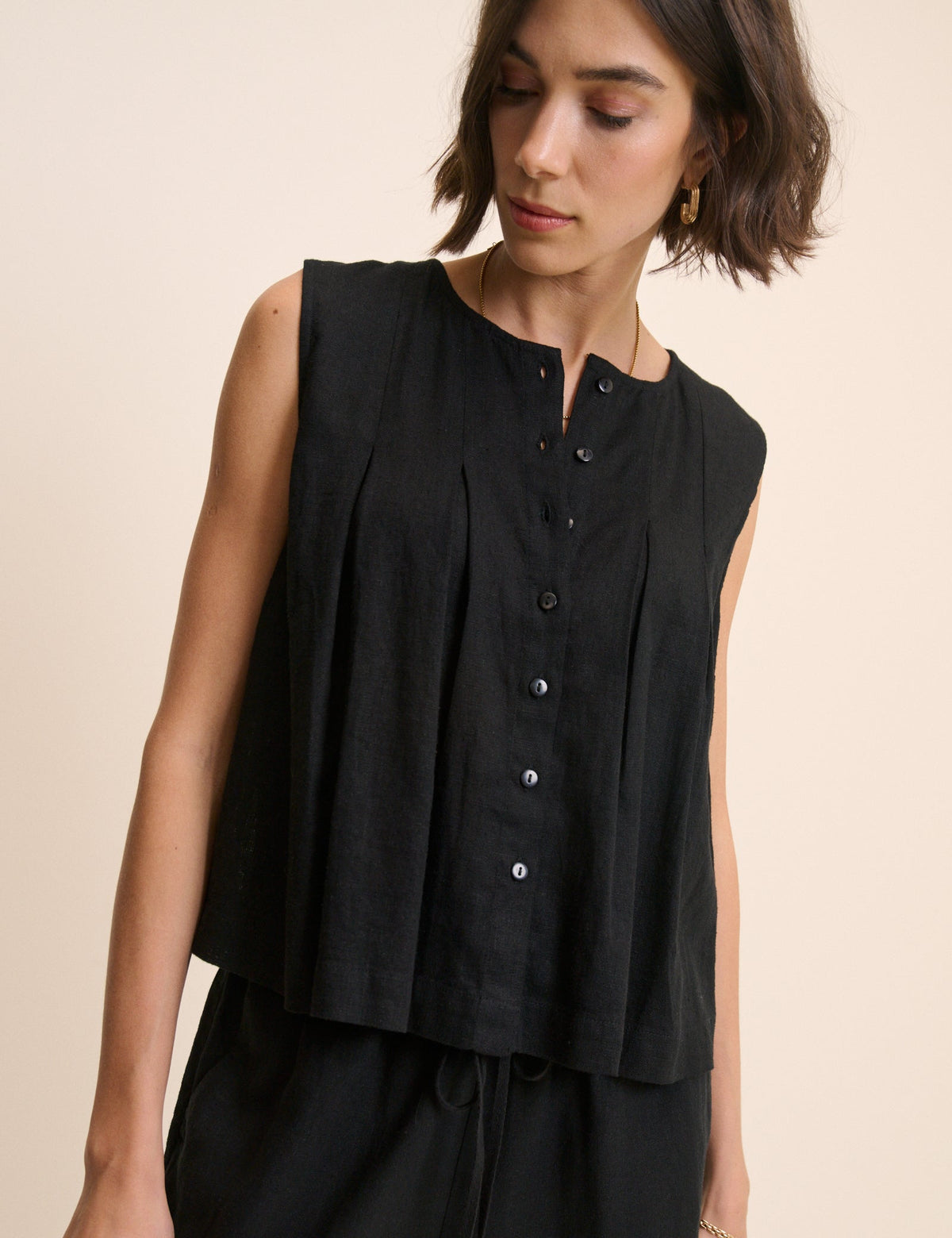 Black Linen-Blend Pintuck Top