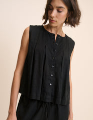 Black Linen-Blend Pintuck Top