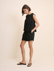 Black Linen-Blend Pintuck Top