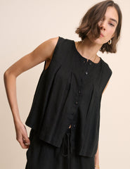 Black Linen-Blend Pintuck Top