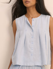 Baby Blue Pleated Shell Linen-Blend Tate Top