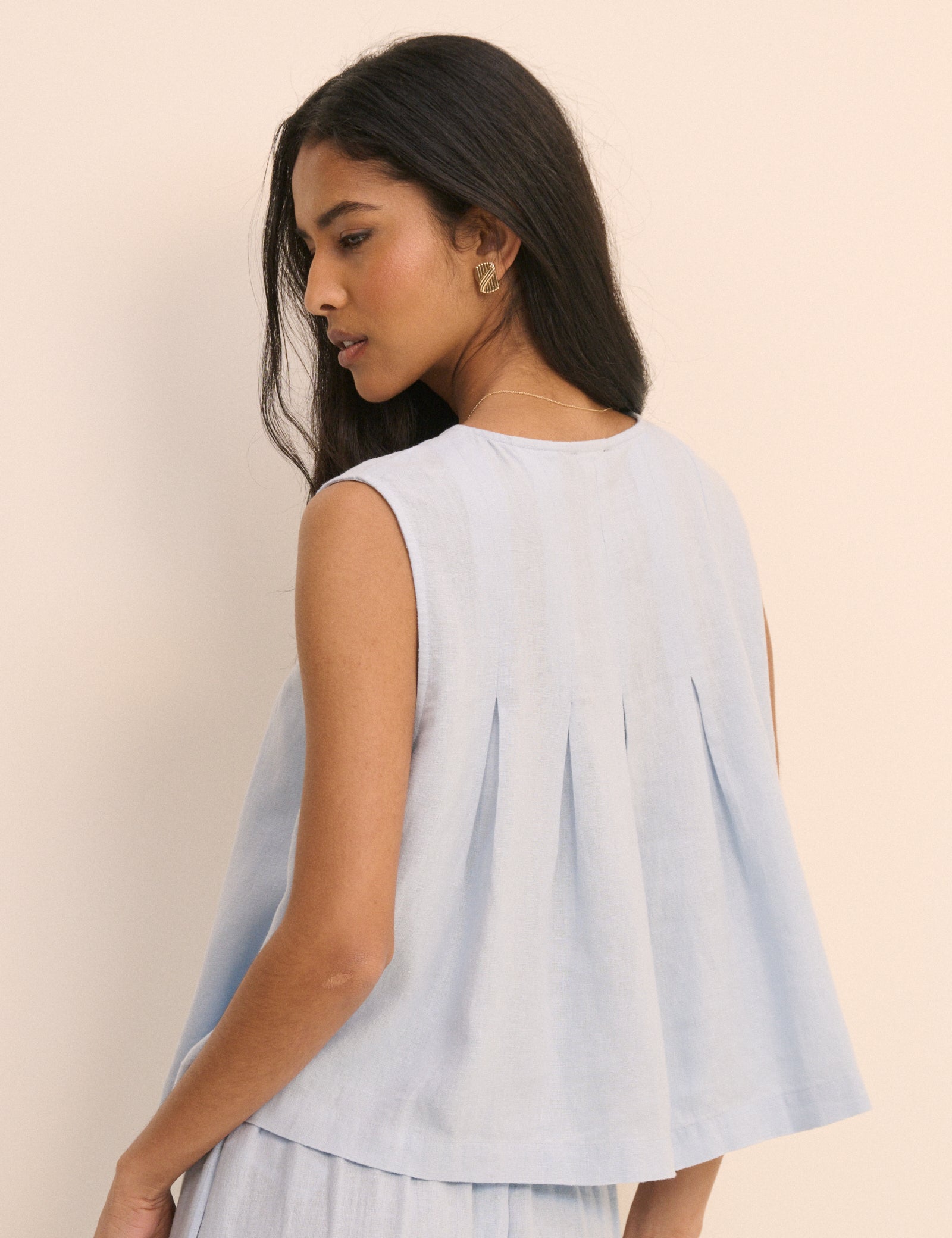 Baby Blue Pleated Shell Linen-Blend Tate Top