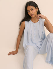 Baby Blue Pleated Shell Linen-Blend Tate Top