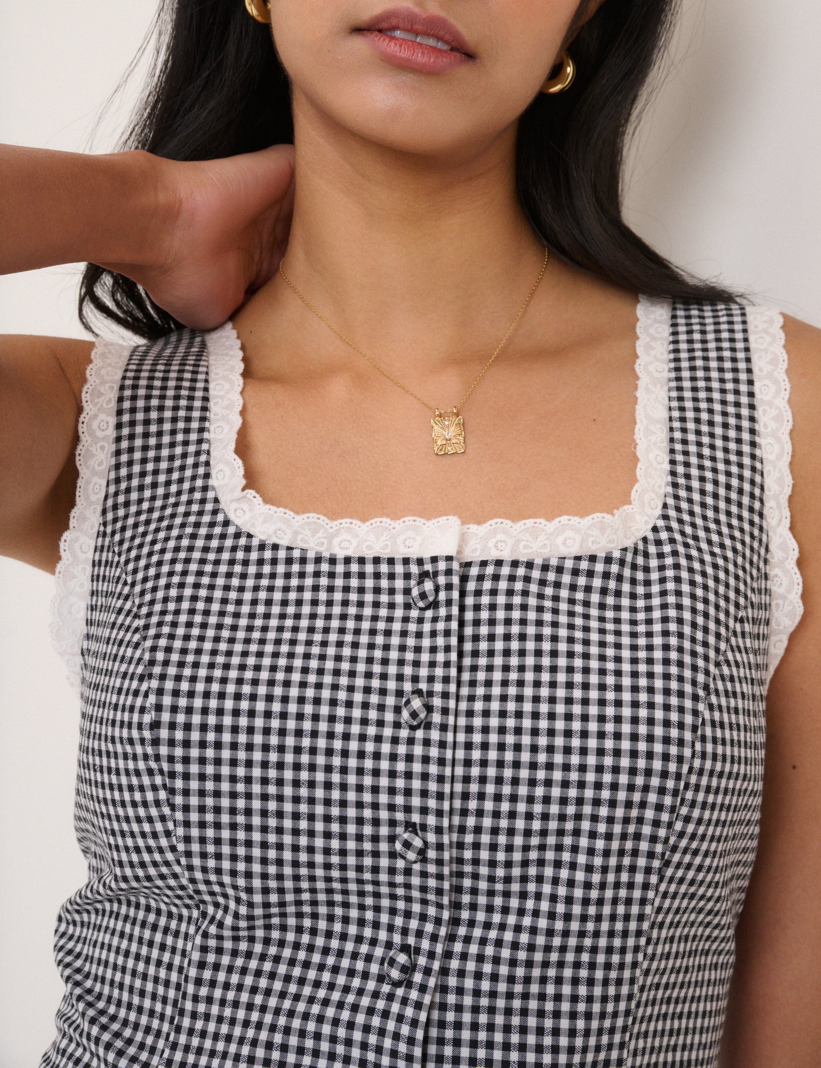 Black Gingham Lace Trim Button Down Top
