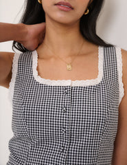 Black Gingham Lace Trim Button Down Top
