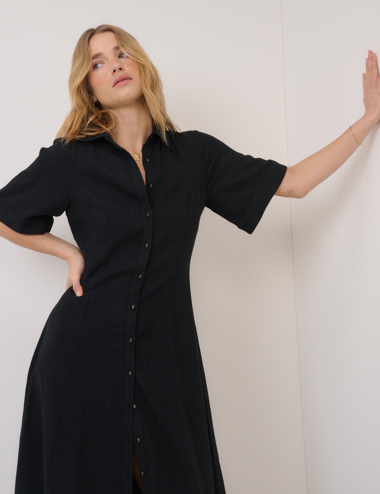 Black Short Sleeve Linen-Blend Dillon Shirt Dress