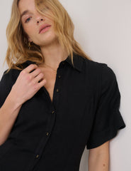 Black Short Sleeve Linen-Blend Dillon Shirt Dress