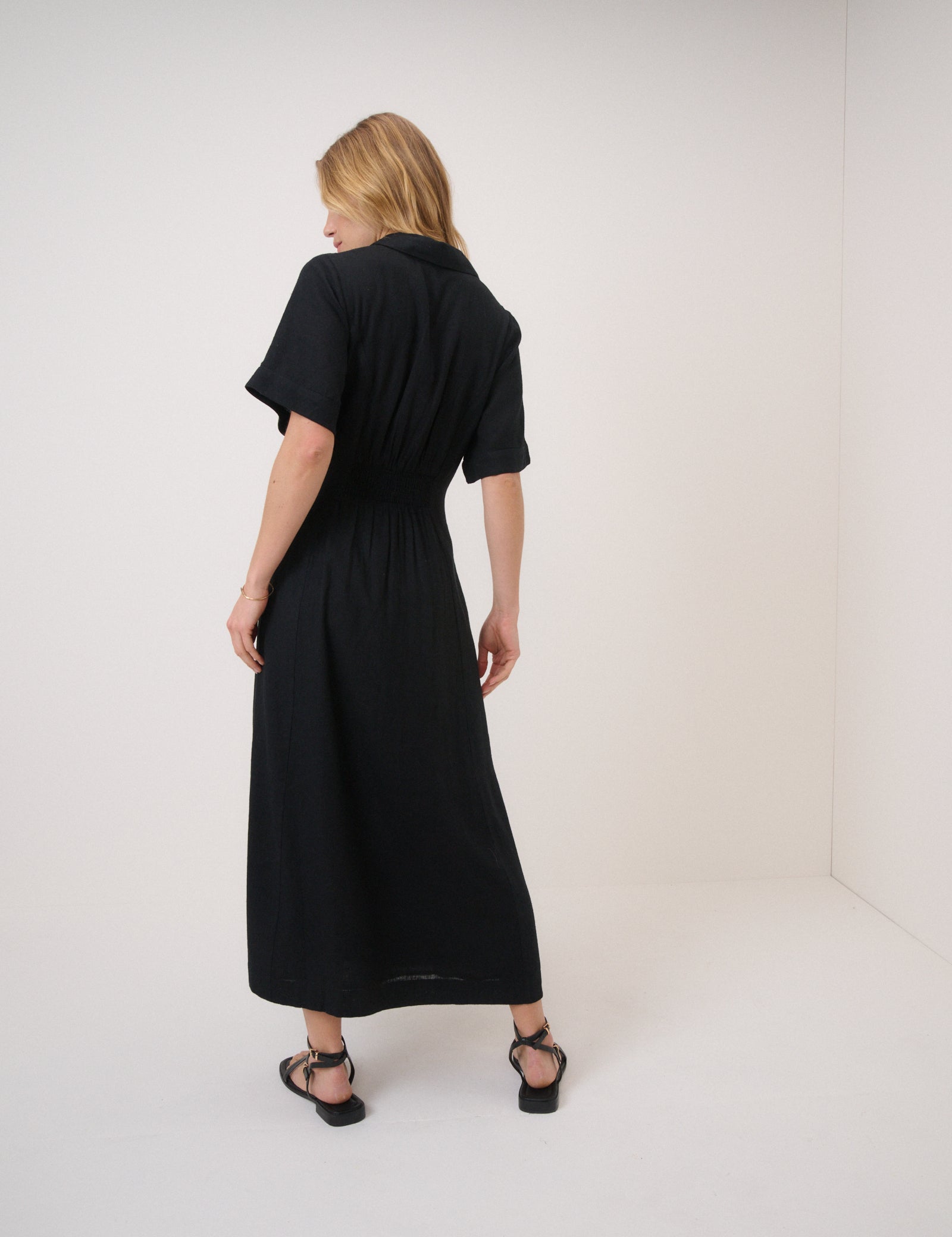 Black Short Sleeve Linen-Blend Dillon Shirt Dress