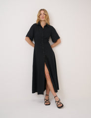Black Short Sleeve Linen-Blend Dillon Shirt Dress