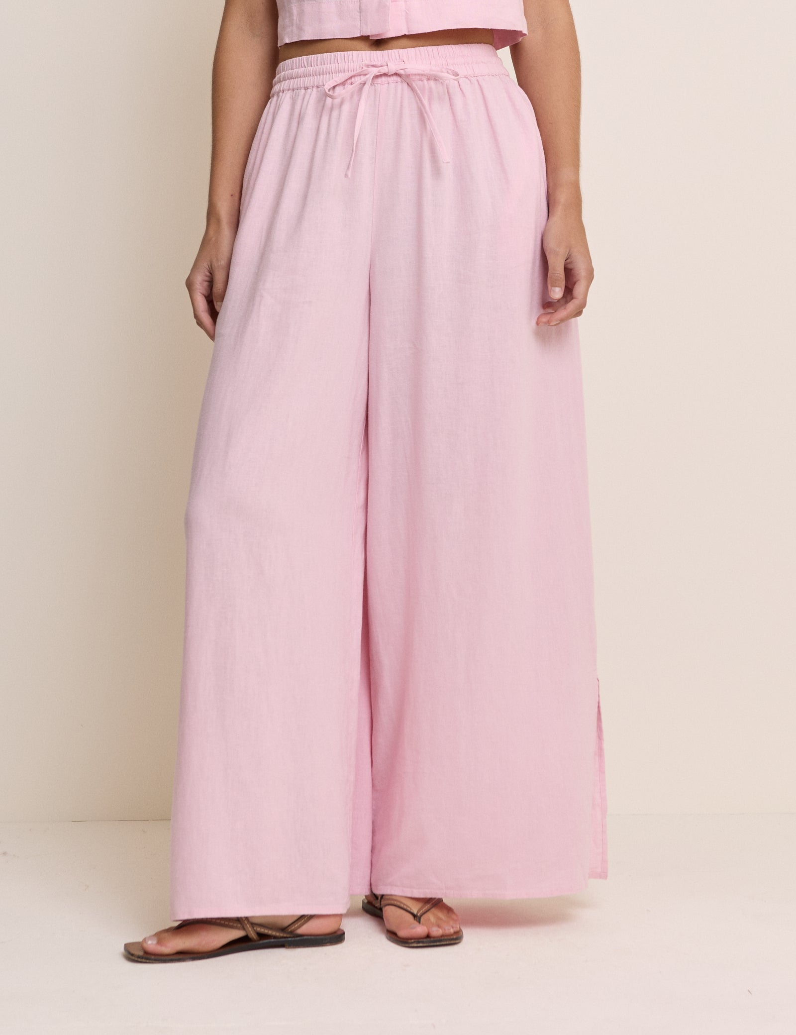Baby Pink Linen-Blend Elstow Side Split Trousers