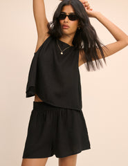 Black Linen-Blend Elasticated Waist Shorts