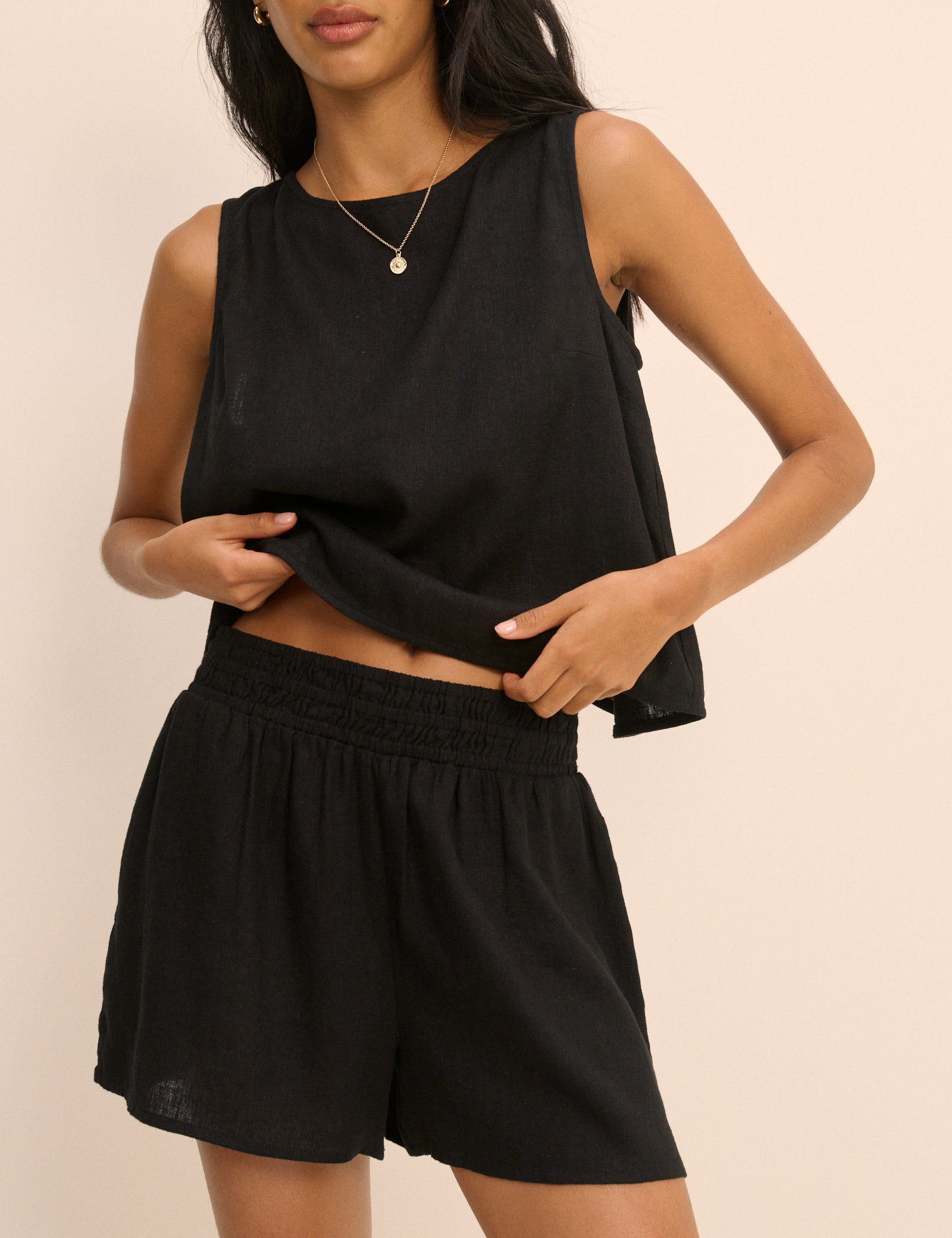 Black Linen-Blend Elasticated Waist Shorts