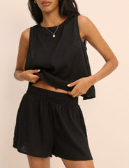 Black Linen-Blend Elasticated Waist Shorts