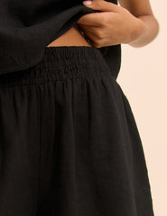 Black Linen-Blend Elasticated Waist Shorts