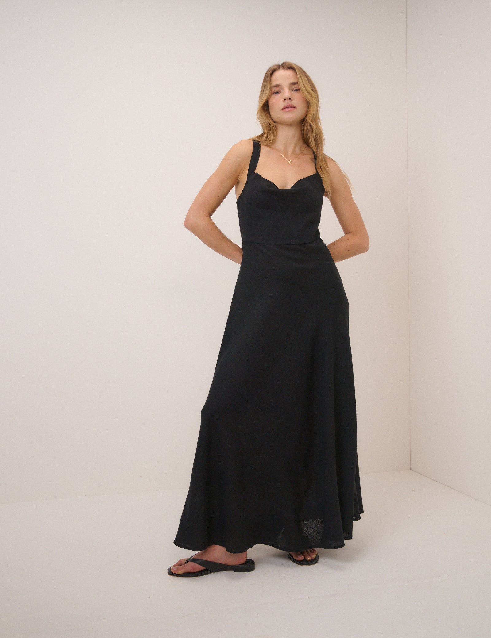 Black Linen-Blend Dana Midi Dress