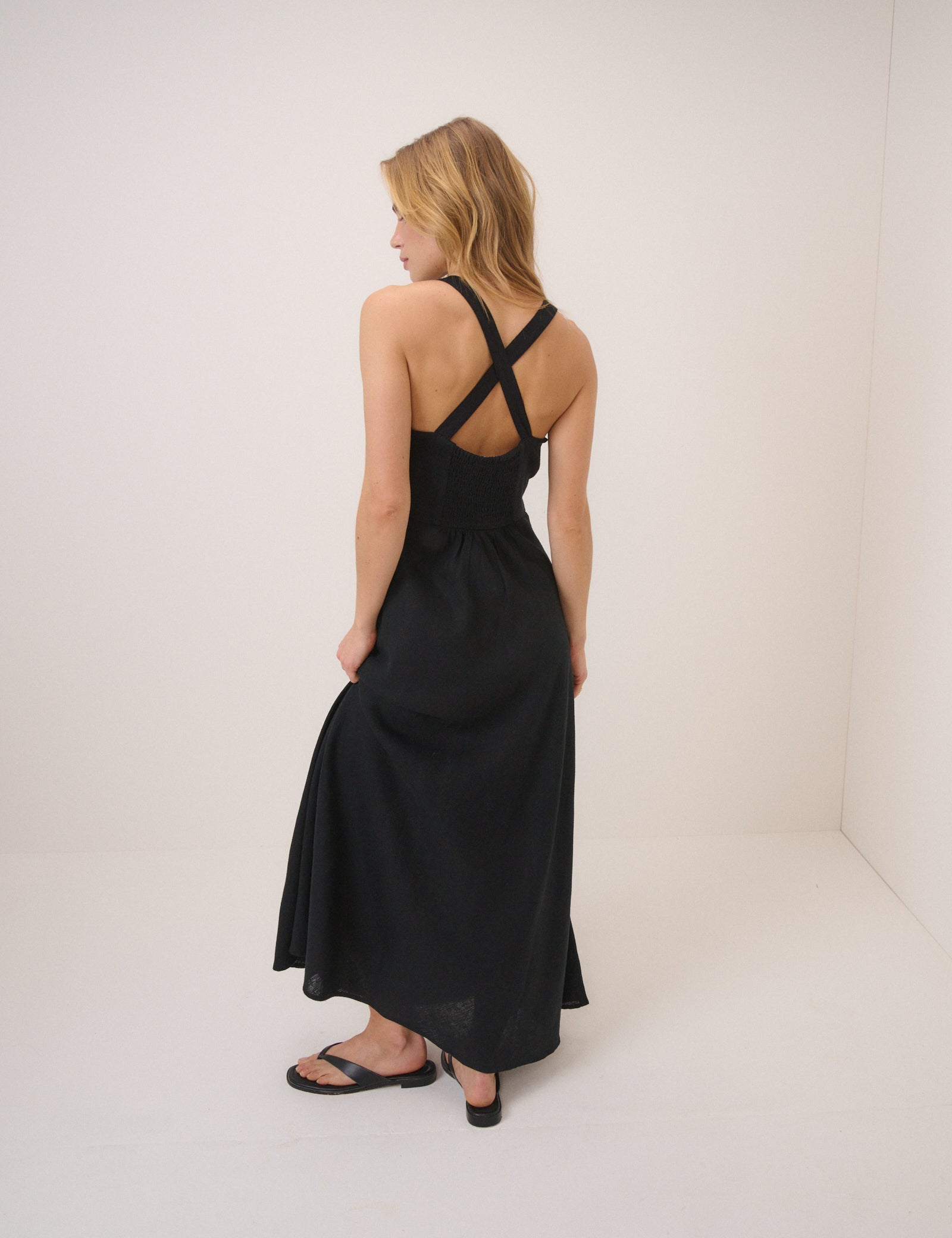 Black Linen-Blend Dana Midi Dress