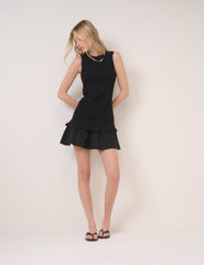 Black Shirred Henley Mini Dress