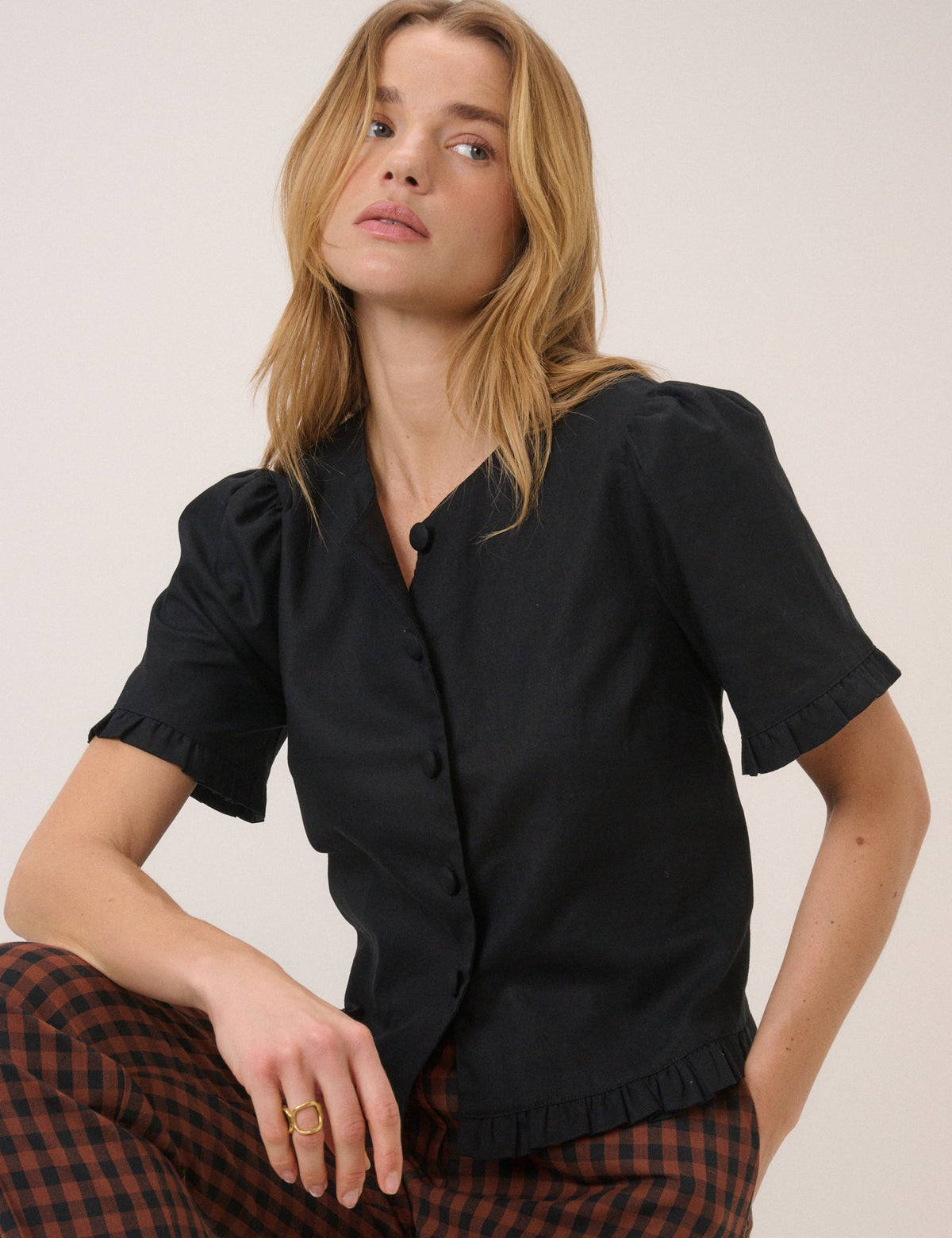 Black Frill Round Neck Top