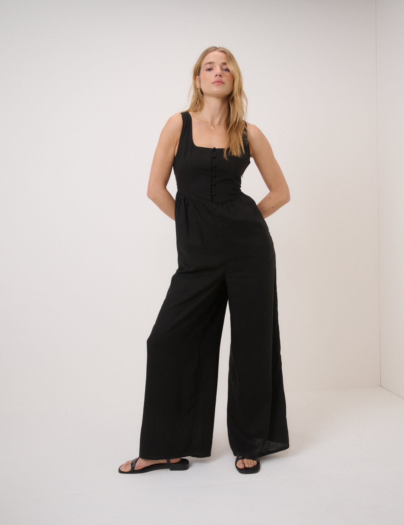 Black Linen-Blend Cora Jumpsuit