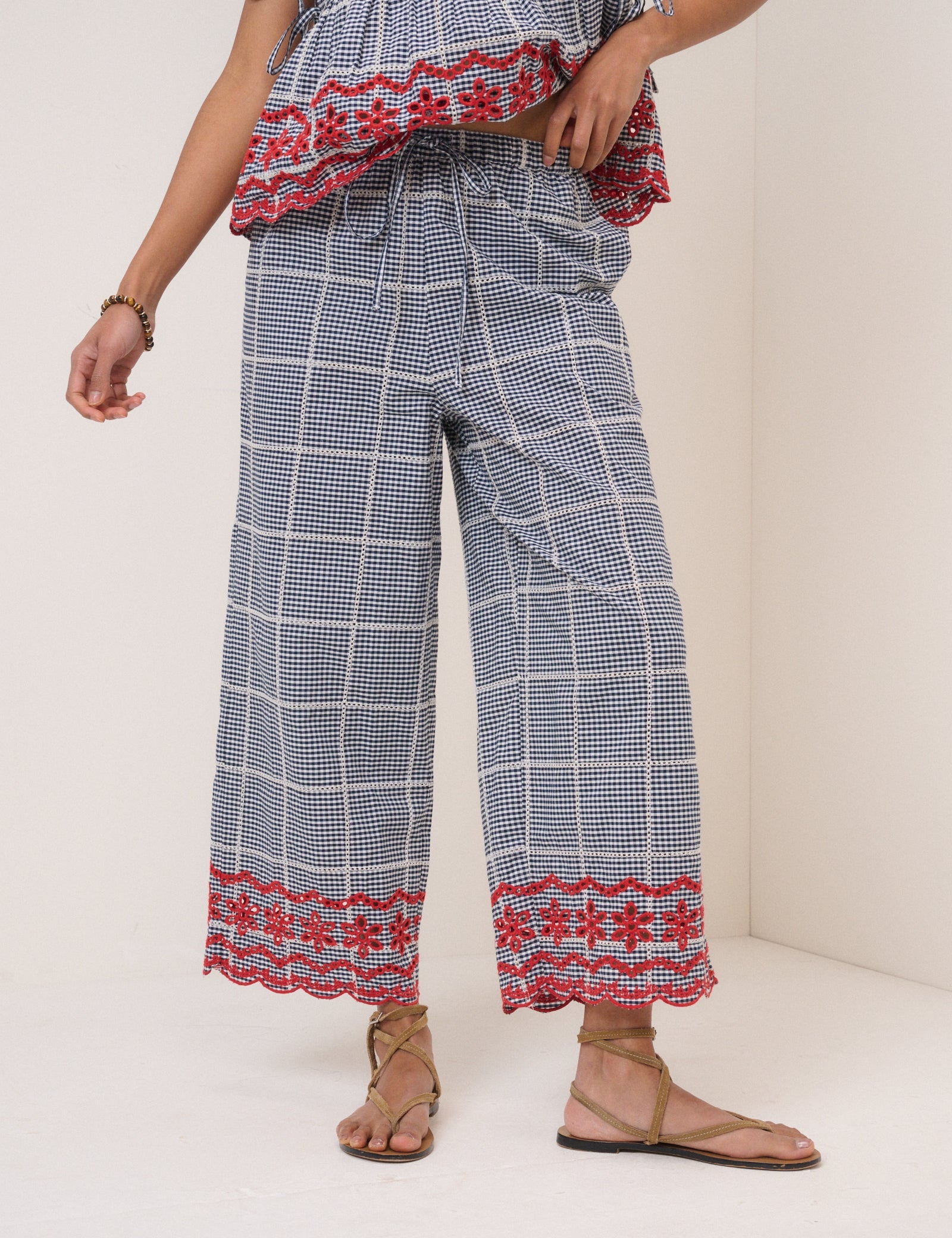 Black Gingham Embroidered Top & Trousers Set