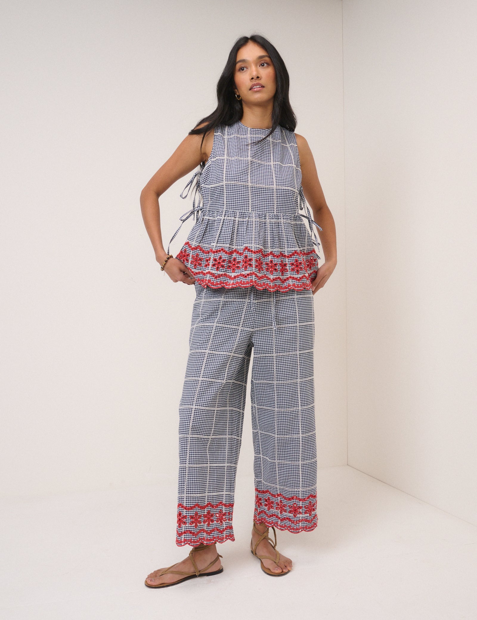 Black Gingham Embroidered Top & Trousers Set
