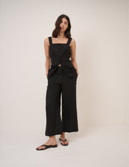 Black Linen-Blend Cropped Trousers