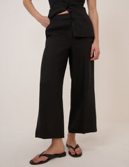 Black Linen-Blend Cropped Trousers