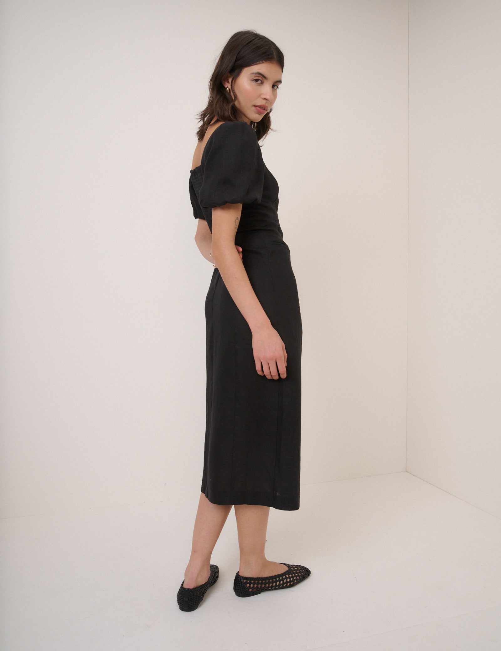 Black Linen-Blend Puff Sleeve Midi Dress