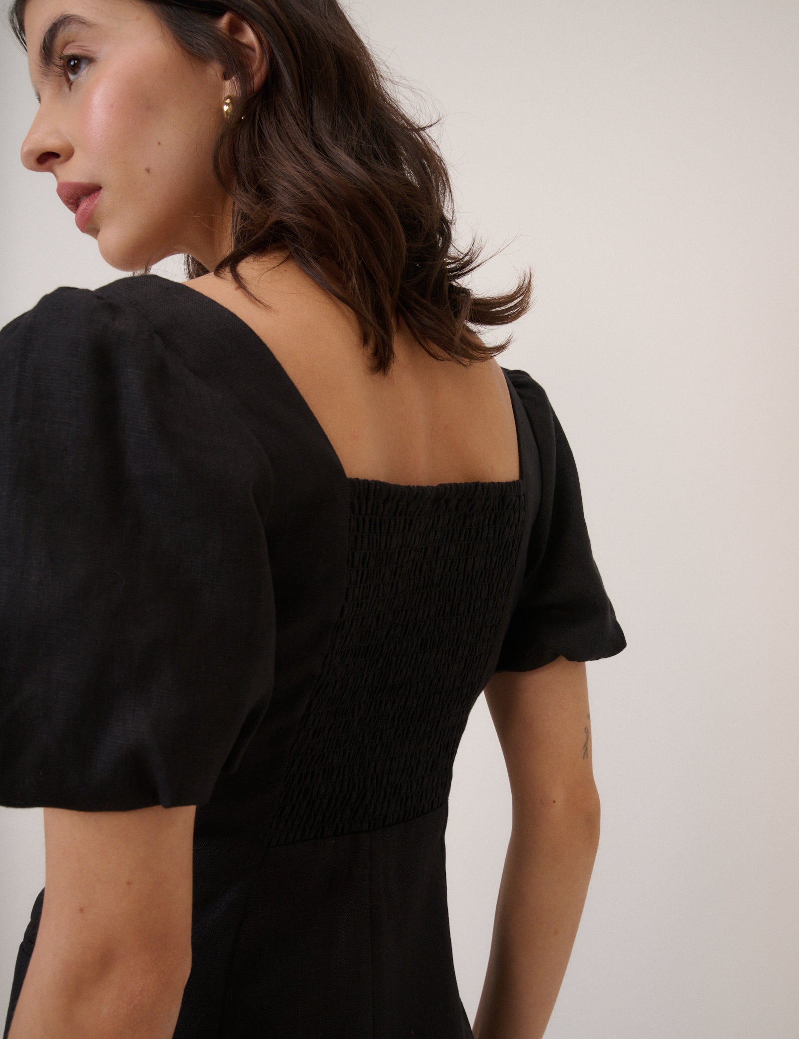 Black Linen-Blend Puff Sleeve Midi Dress