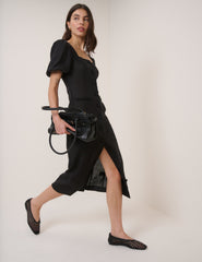 Black Linen-Blend Puff Sleeve Midi Dress