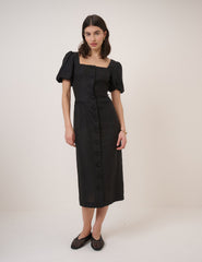 Black Linen-Blend Puff Sleeve Midi Dress
