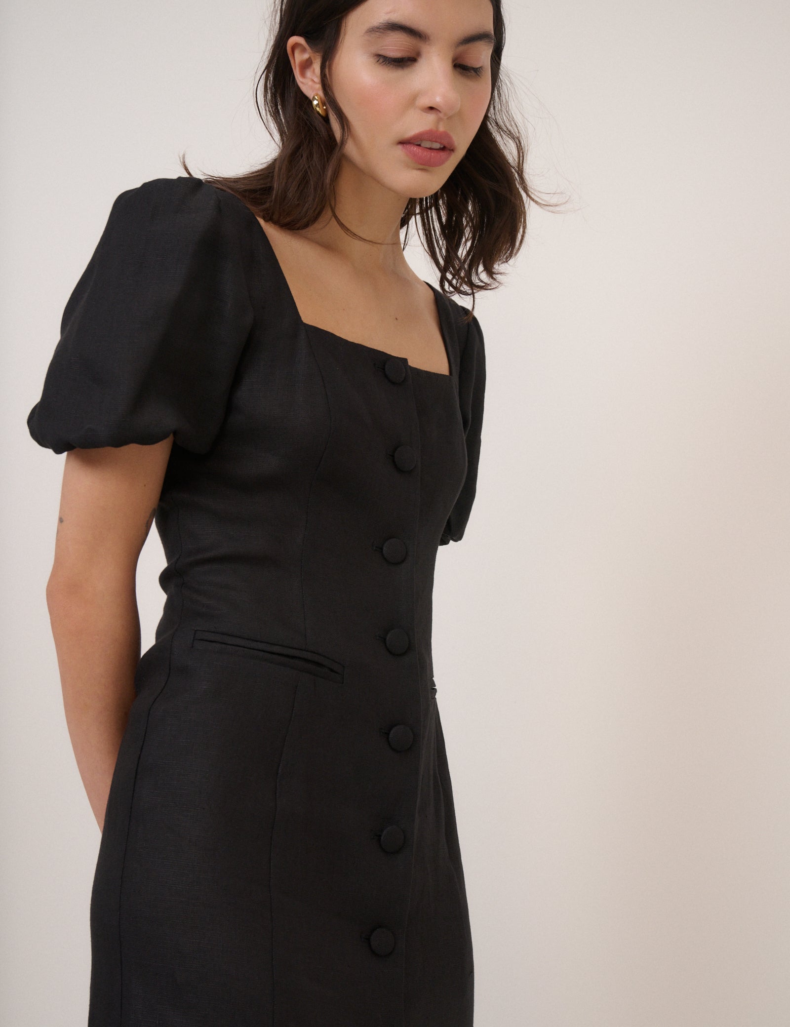 Black Linen-Blend Puff Sleeve Midi Dress
