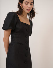 Black Linen-Blend Puff Sleeve Midi Dress