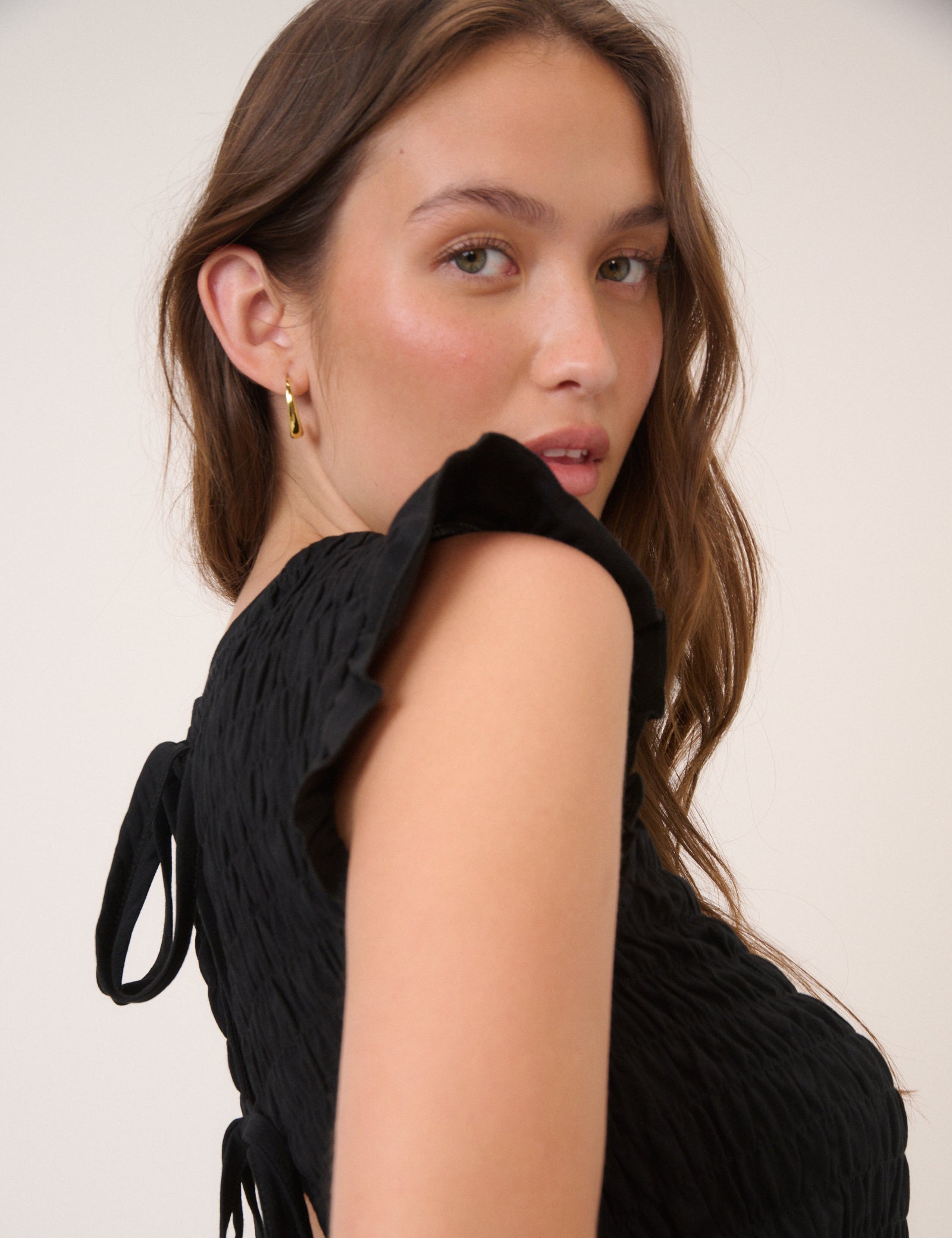 Black Shirred Tie Back Top