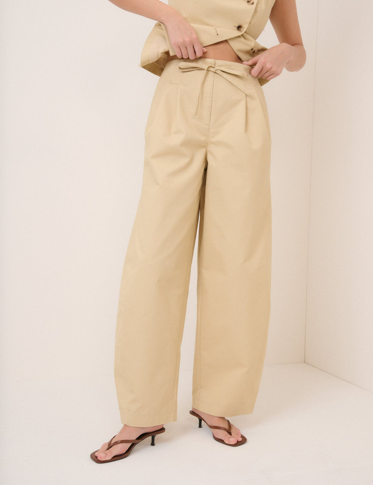 Beige Barrel Leg Tie Trousers