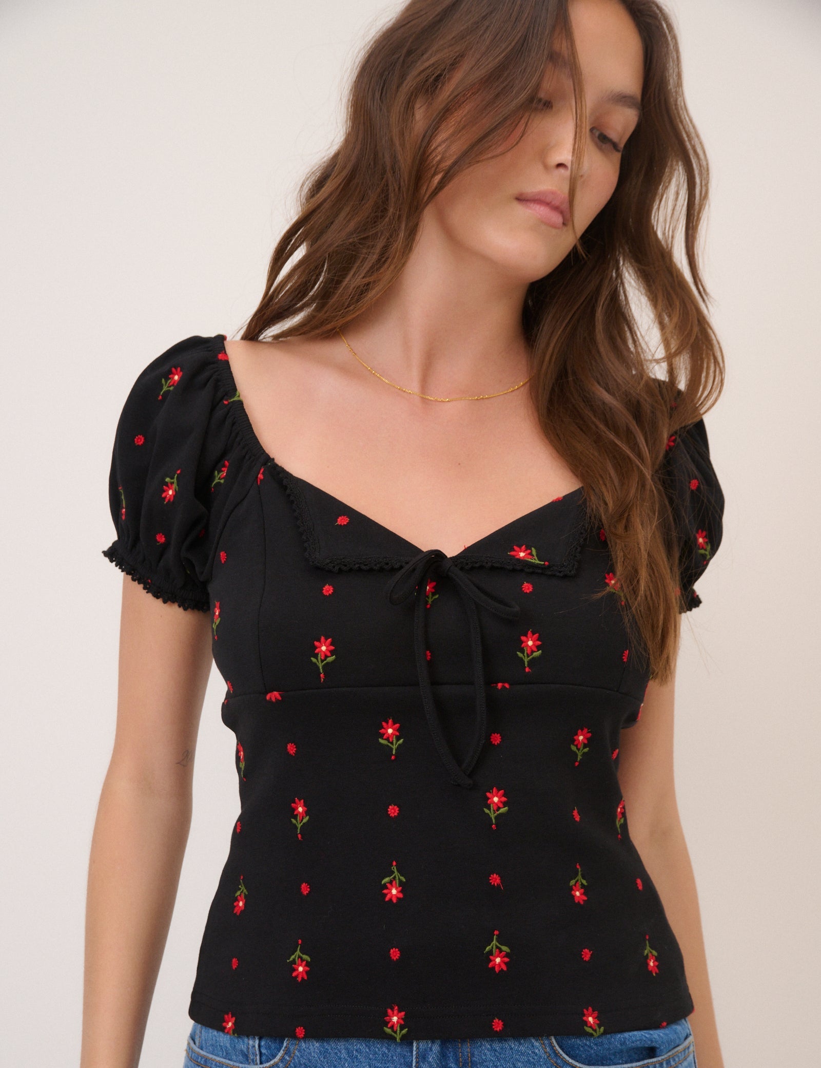 Black Floral Embroidered Milkmaid Top
