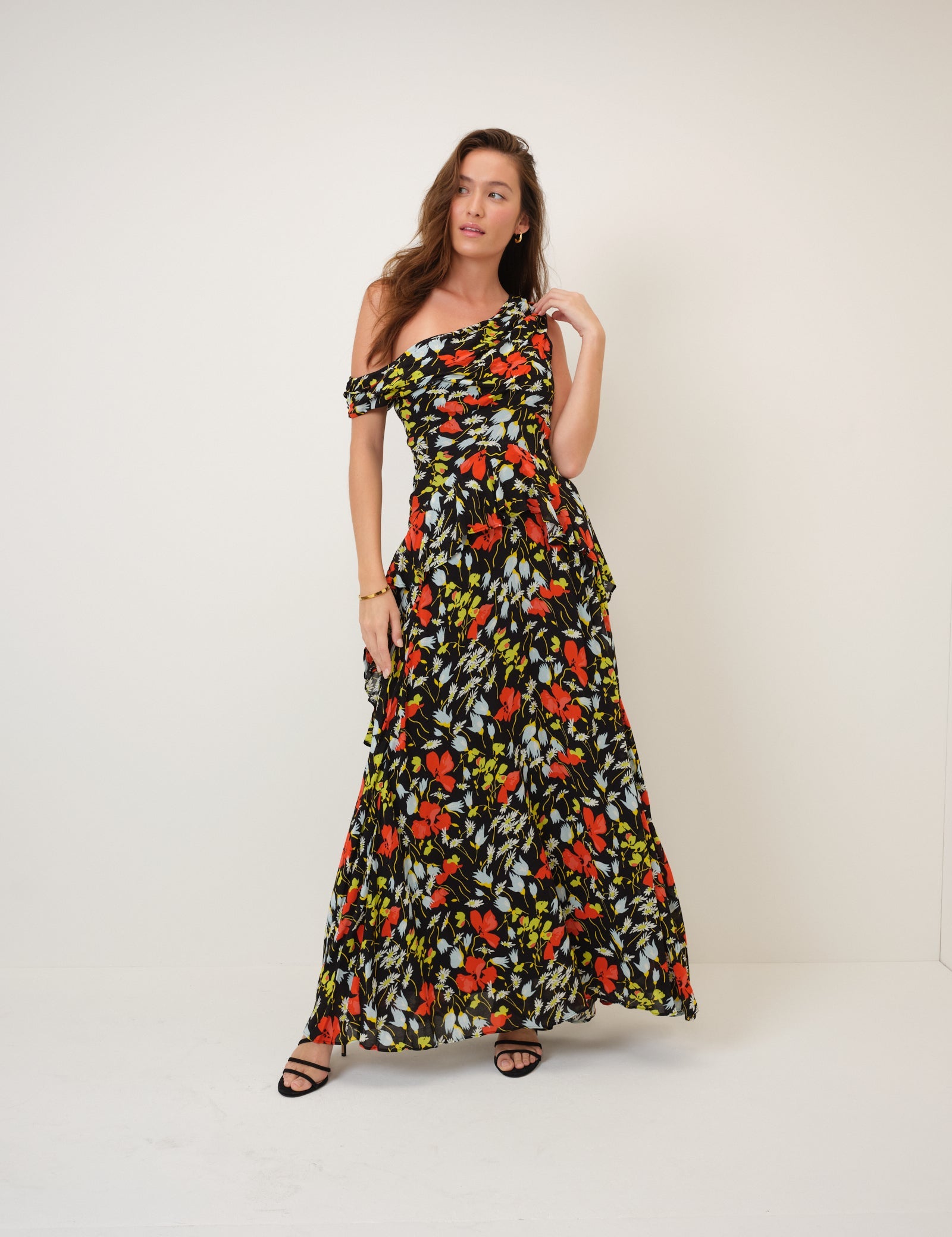 Black Floral Off Shoulder Ruffle Tish Maxi Dress