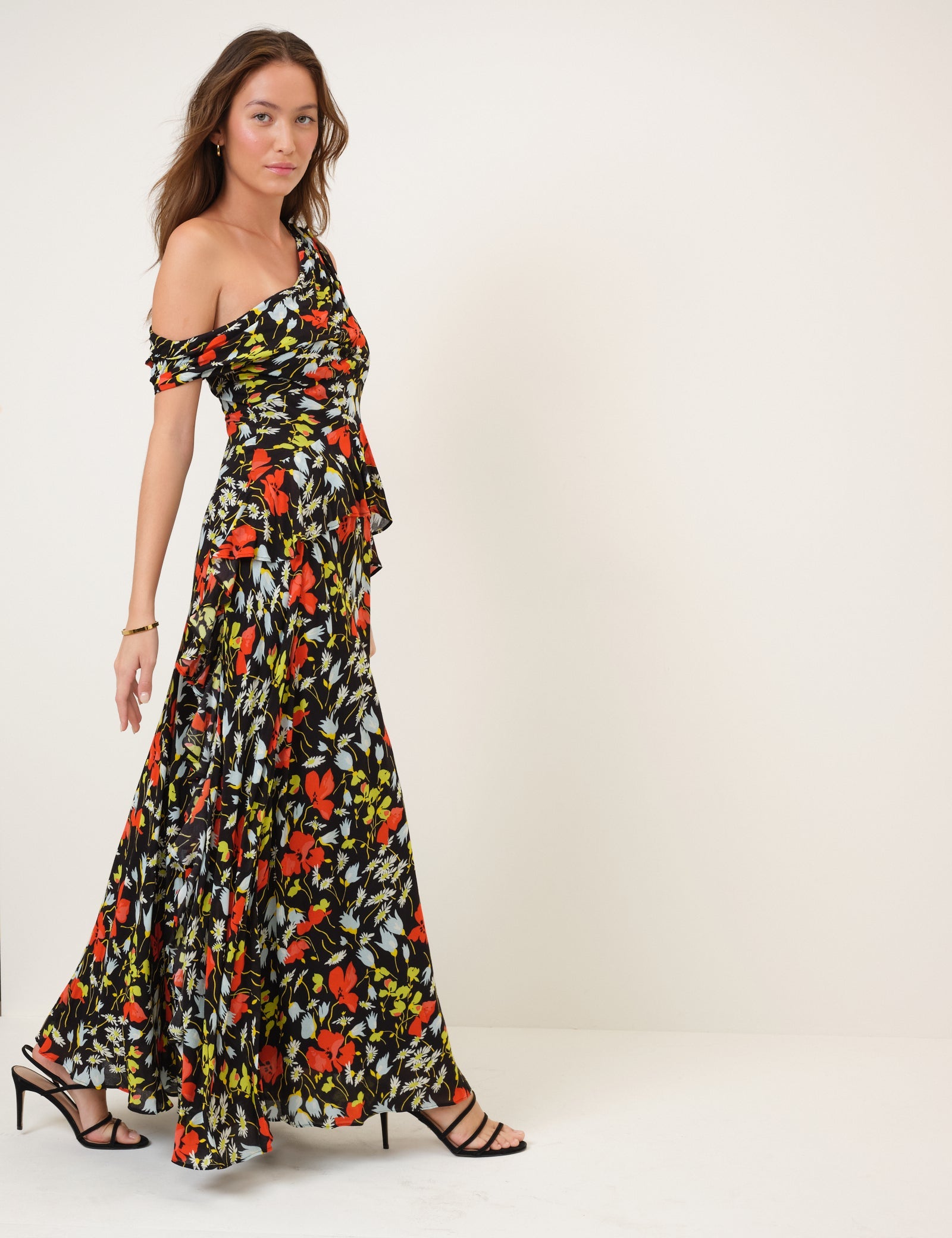 Black Floral Off Shoulder Ruffle Tish Maxi Dress