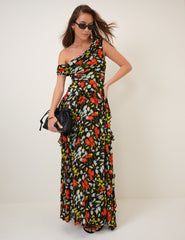 Black Floral Off Shoulder Ruffle Tish Maxi Dress