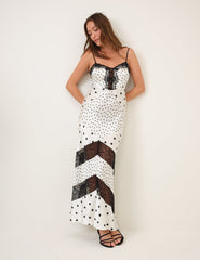 Black and White Polka Dot Lace Trim Satin Lauren Maxi Dress