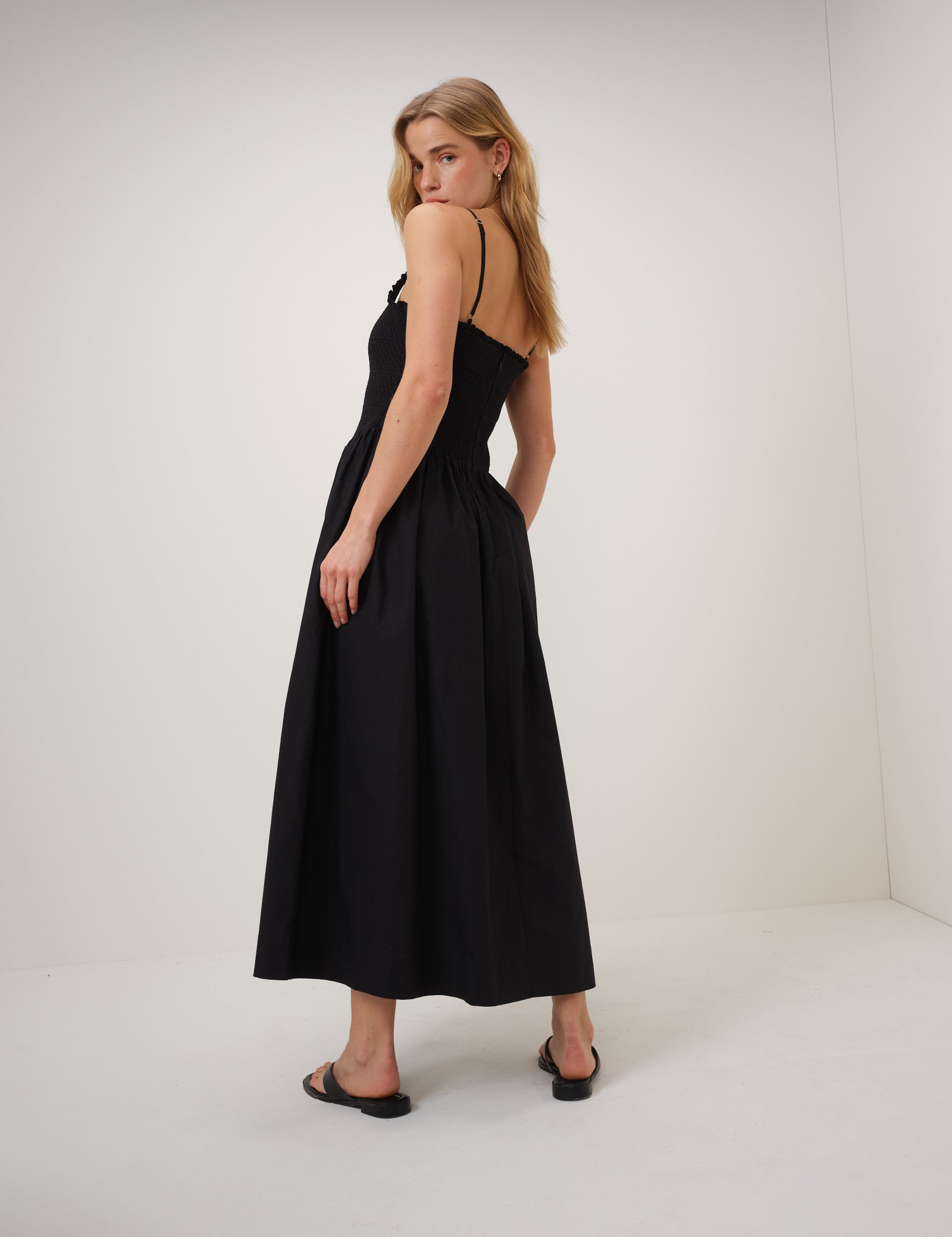 Black Shirred Drop Waist Daisy Midi Dress