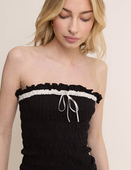 Black Ruffle Trim Shirred Bandeau Top