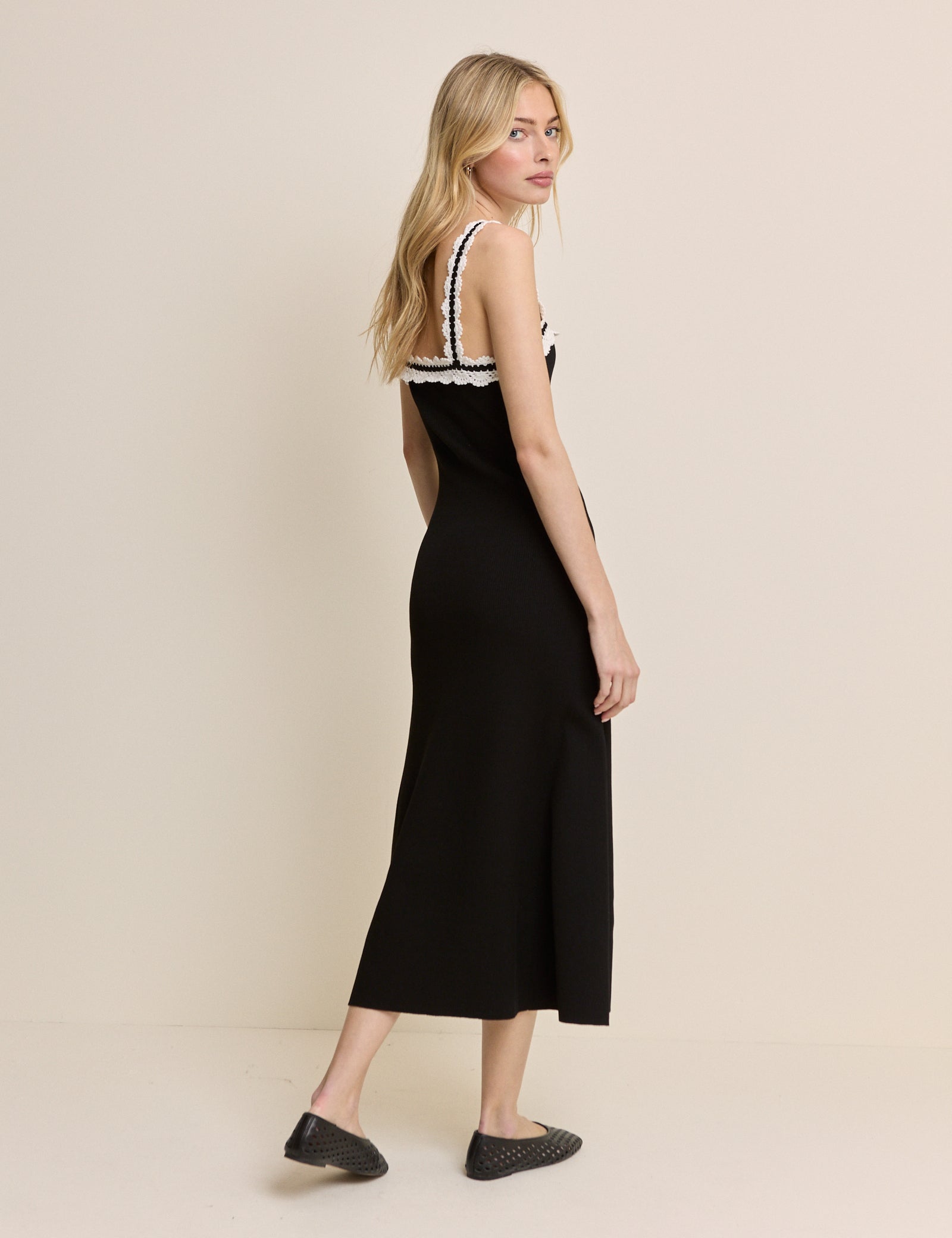 Black Crochet Trim Midi Dress