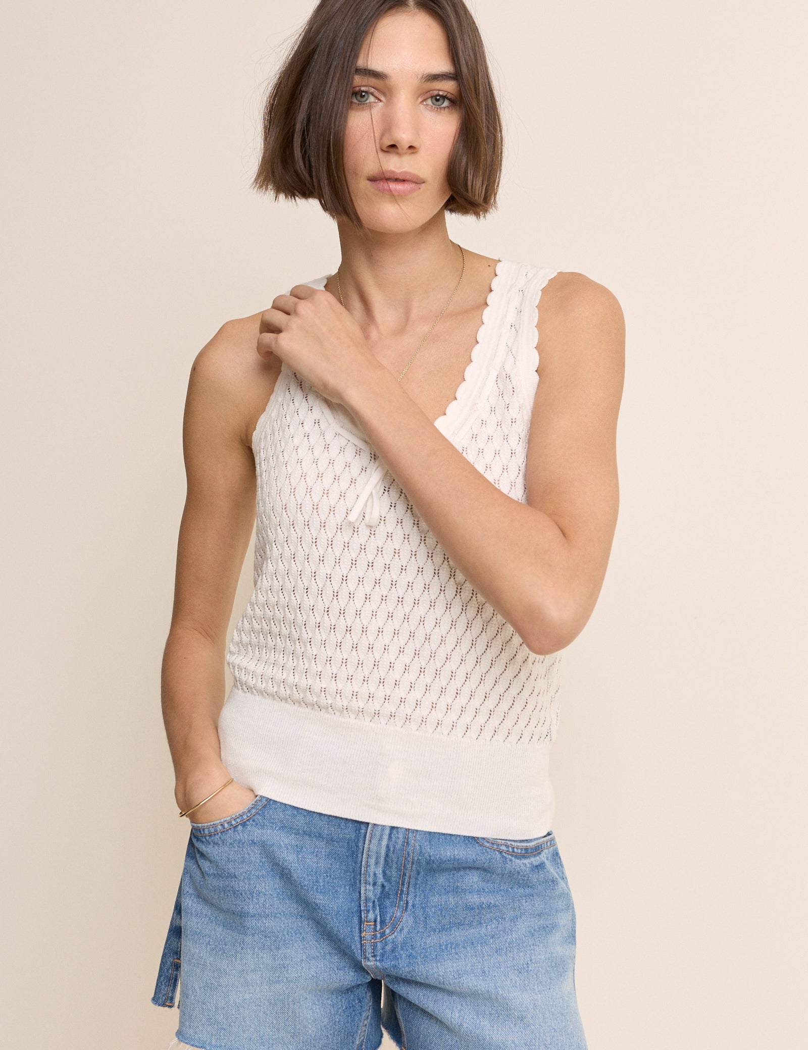 (HOLD) White Pointelle Cami with Neck Tie