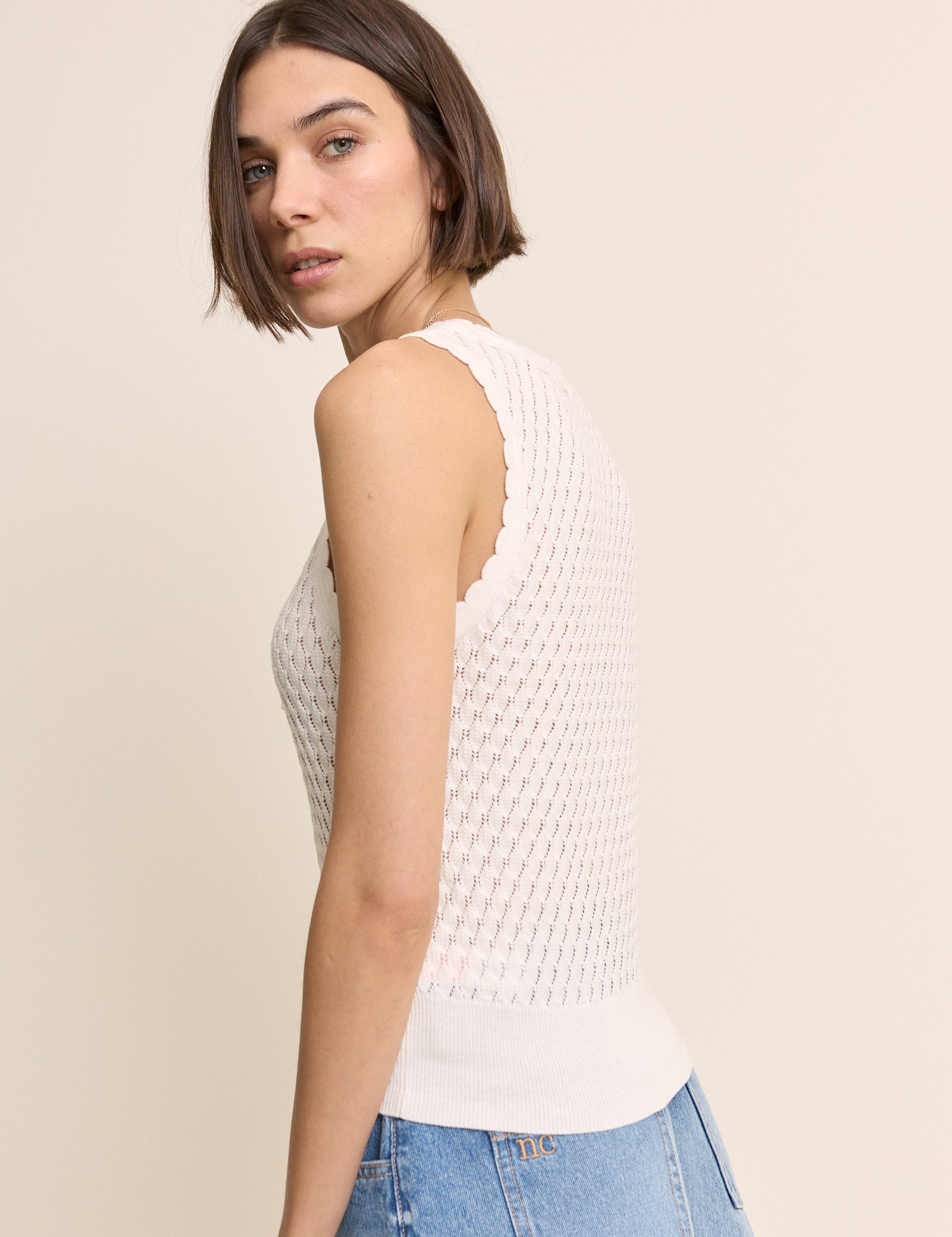 (HOLD) White Pointelle Cami with Neck Tie