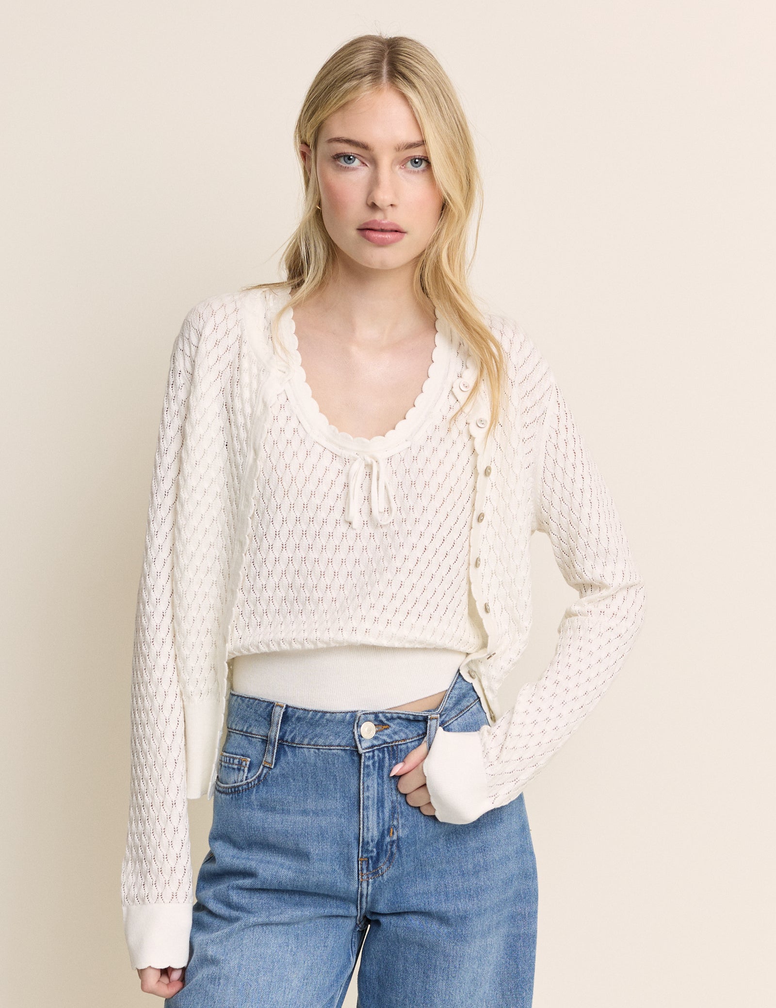 (HOLD) White Pointelle Crew Neck Cardigan