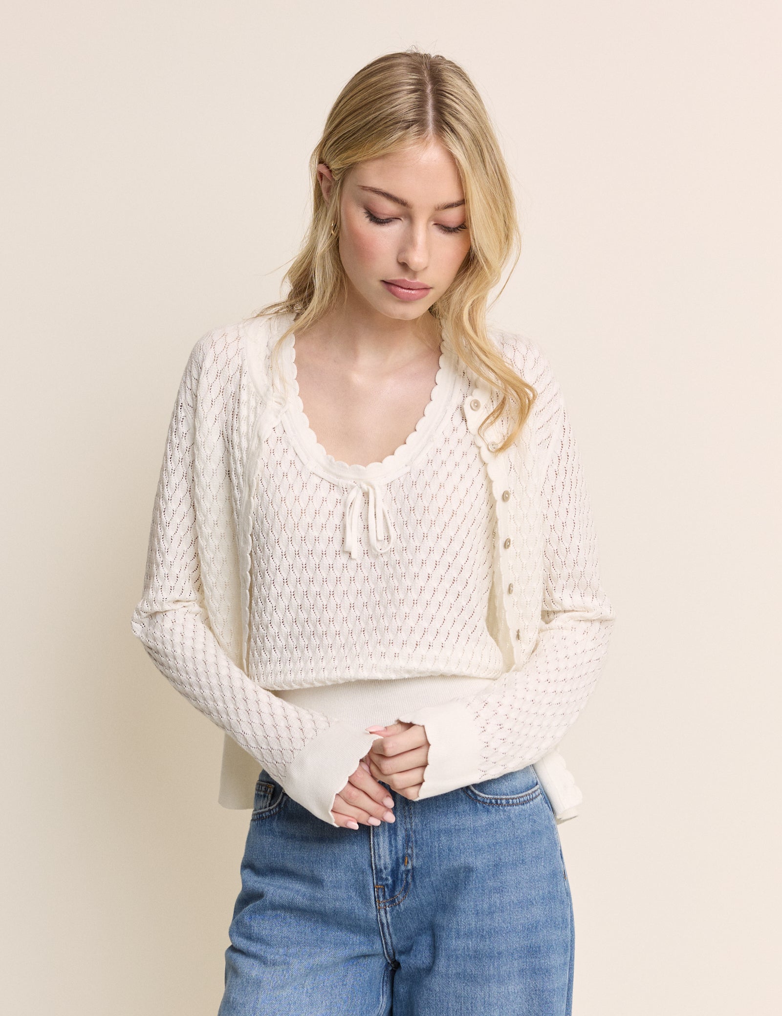 (HOLD) White Pointelle Crew Neck Cardigan