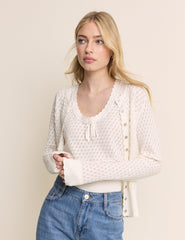 (HOLD) White Pointelle Crew Neck Cardigan