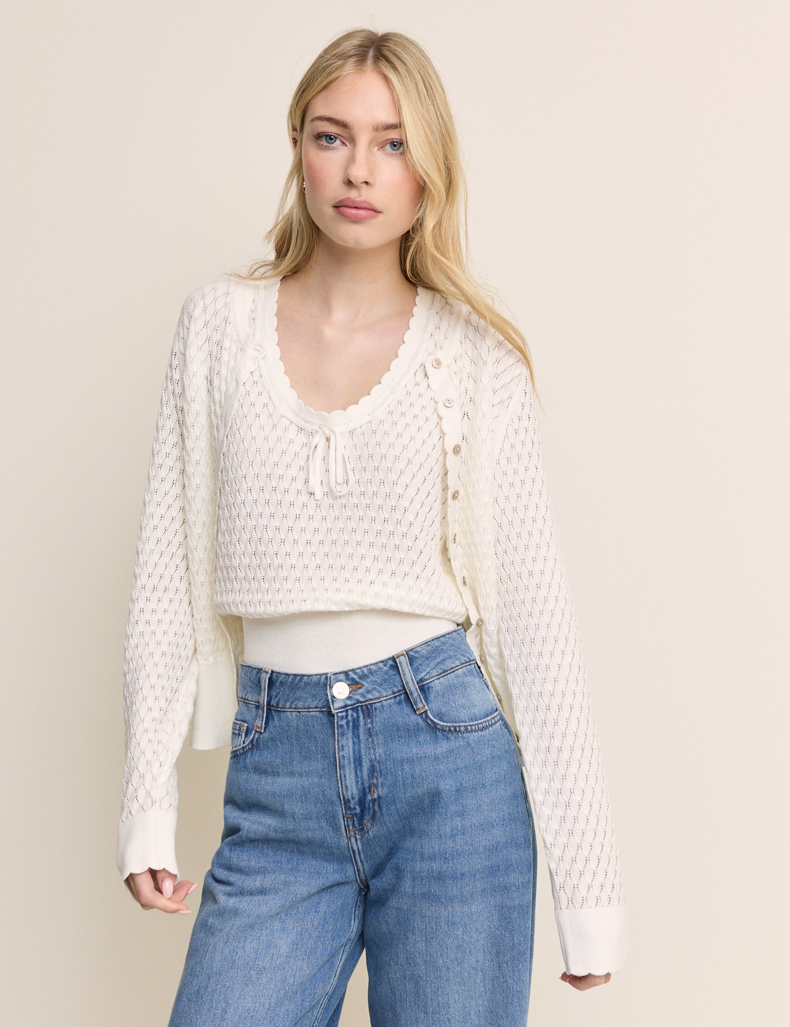 (HOLD) White Pointelle Crew Neck Cardigan