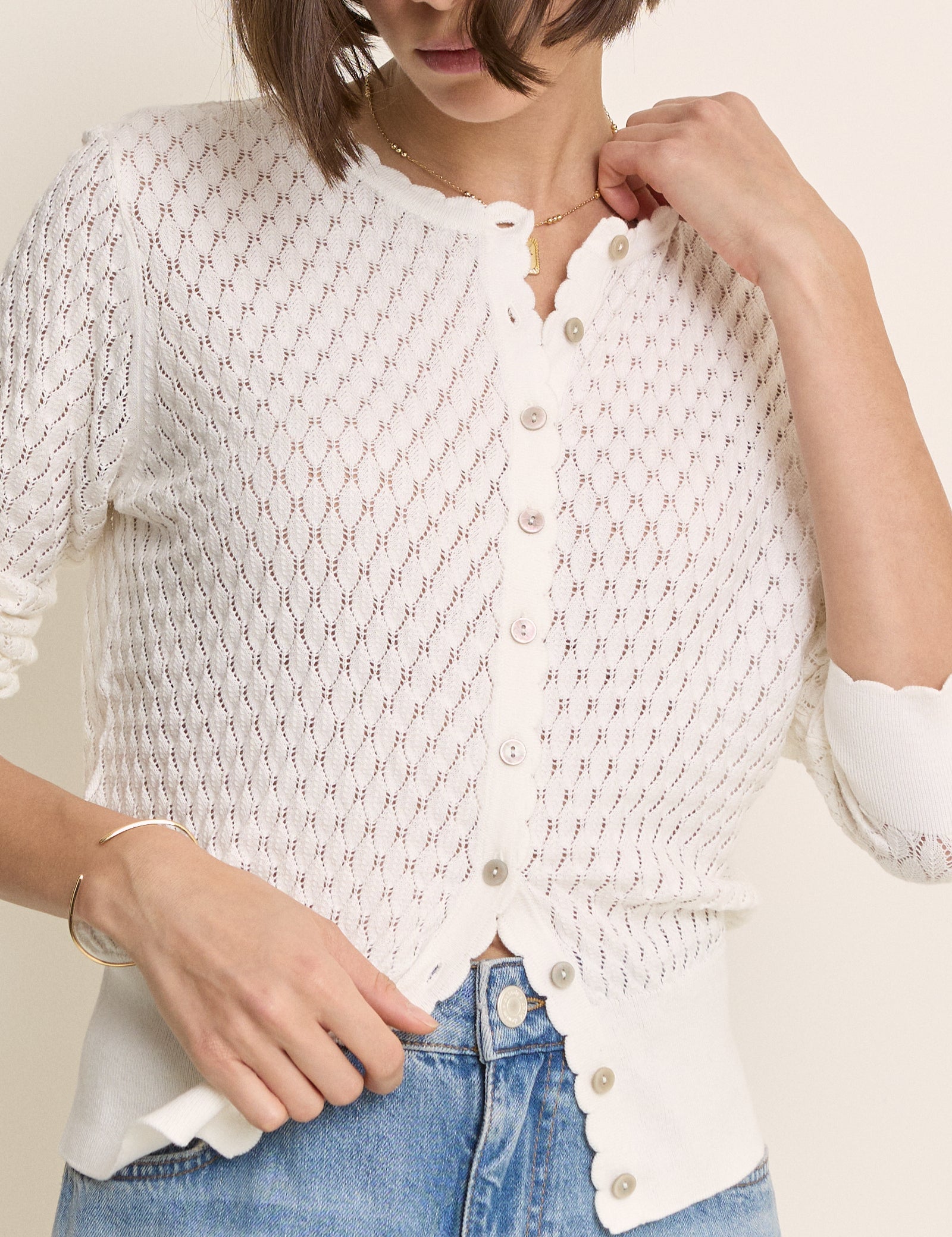 (HOLD) White Pointelle Crew Neck Cardigan